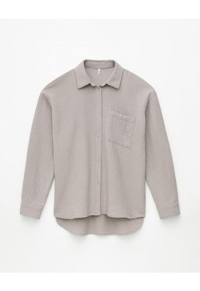 Camisa Relax Manga Larga Algodón Taupe Mujer Marron Claro