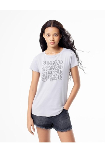 Camiseta Regular Algodón Gris Estampada Mujer Gris