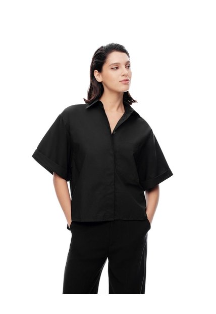 Camisa Manga Corta Oversize Algodón Negra Mujer Negro