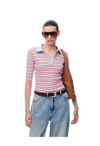 Polo Slim Tejido De Punto Rayas Mujer Azul Gef