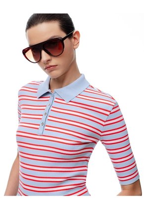 Polo Slim Tejido De Punto Rayas Mujer Azul