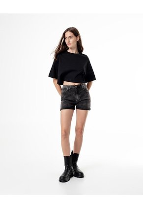 Short Tiro Medio Denim Gris Mujer Azul