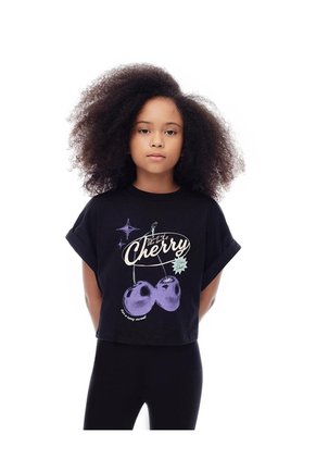 Camiseta Regular Algodón Negra Estampada Niña Negro