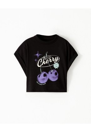 Camiseta Regular Algodón Negra Estampada Niña Negro