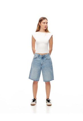 Bermuda Regular Tiro Medio Denim índigo Medio Mujer Azul Oscuro