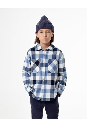 Camisa Manga Larga Regular Denim Cuadros Niño Azul