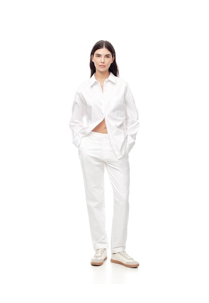 Pantalón Recto Tiro Medio Algodón Blanco Mujer Blanco