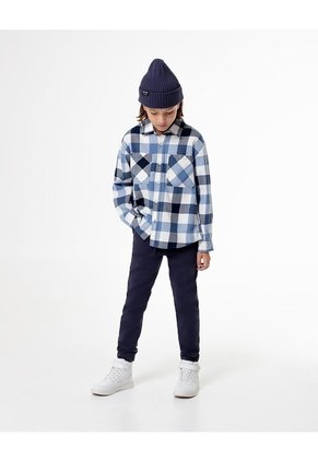 Camisa Manga Larga Regular Denim Cuadros Niño Azul