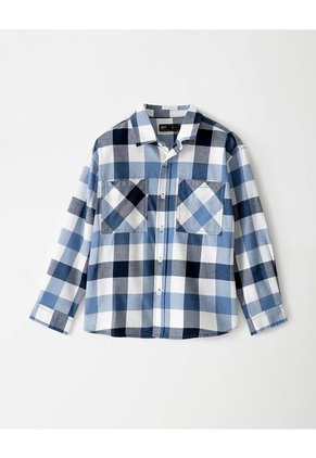Camisa Manga Larga Regular Denim Cuadros Niño Azul