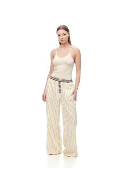 Pantalón Relax Tiro Medio Algodón Rayas Mujer Amarillo