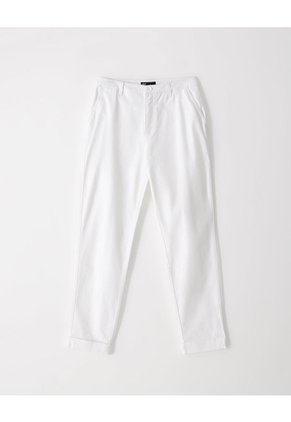 Pantalón Recto Tiro Medio Algodón Blanco Mujer Blanco