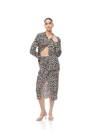 Falda Midi Tiro Alto Cruzada Print Mujer Negro Gef