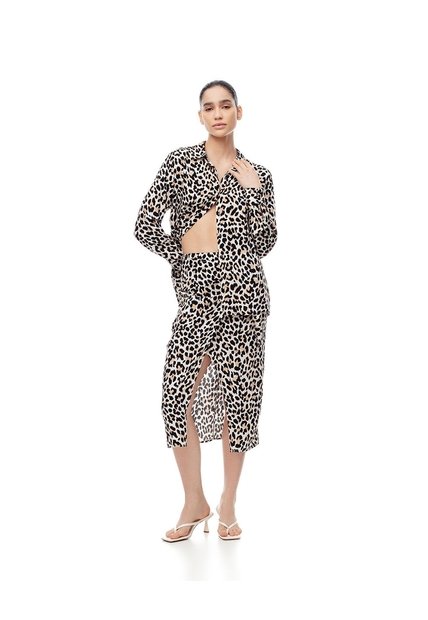 Falda Midi Tiro Alto Cruzada Print Mujer Negro