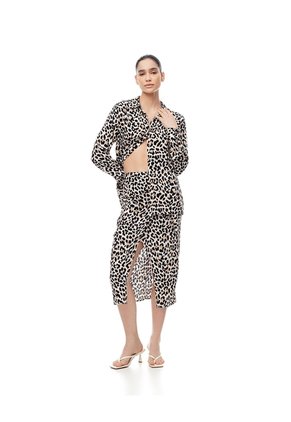 Falda Midi Tiro Alto Cruzada Print Mujer Negro