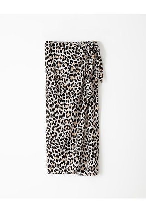 Falda Midi Tiro Alto Cruzada Print Mujer Negro