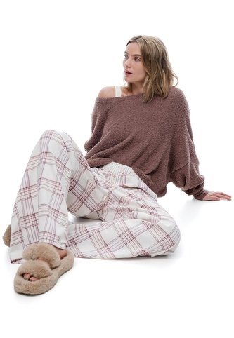 Pantalón Relax Tiro Medio Algodón Cuadros Mujer Cafe Gef