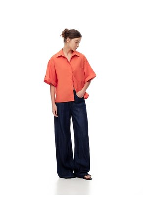 Camisa Manga Corta Oversize Algodón Naranja Mujer Naranja