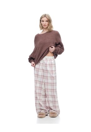Pantalón Relax Tiro Medio Algodón Cuadros Mujer Cafe