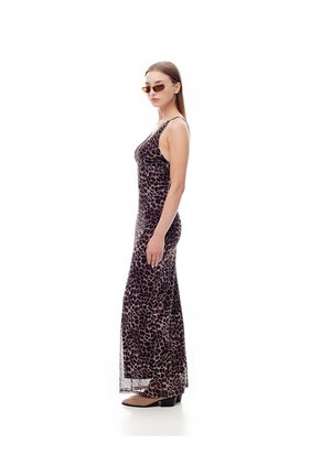 Vestido Largo Tull Con Forro Print Mujer Cafe