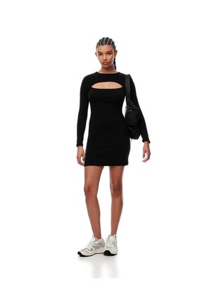 Vestido Corto Slim Rib Algodón Negro Mujer Negro