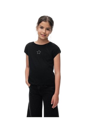 Camiseta Regular Algodón Negra Apliques Brillo Niña Negro