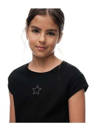 Camiseta Regular Algodón Negra Apliques Brillo Niña Negro