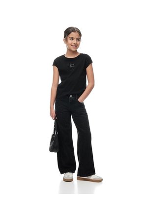 Camiseta Regular Algodón Negra Apliques Brillo Niña Negro