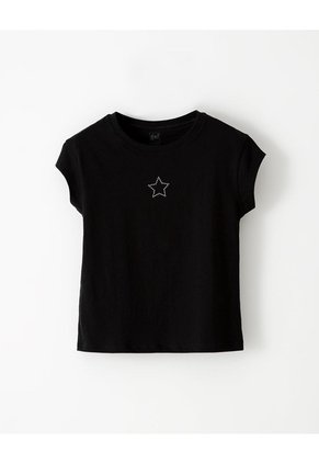 Camiseta Regular Algodón Negra Apliques Brillo Niña Negro