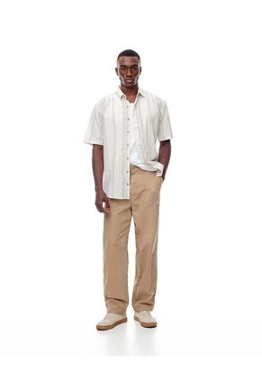 Camisa Manga Corta Regular Lino Rayas Hombre Marron