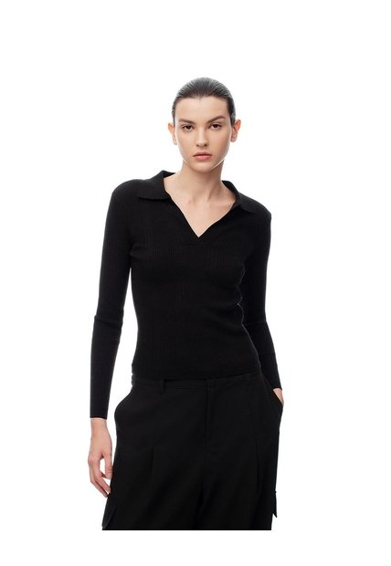 Camibuzo Tipo Polo Slim Tejido De Punto Negro Mujer Negro