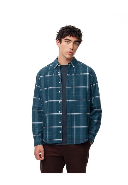 Camisa Manga Larga Regular Algodón Cuadros Hombre Azul