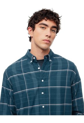 Camisa Manga Larga Regular Algodón Cuadros Hombre Azul