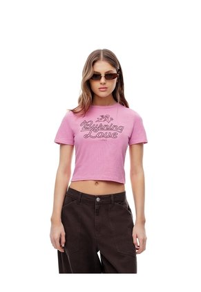 Camiseta Crop Slim Algodón Rosa Estampada Mujer Rosa