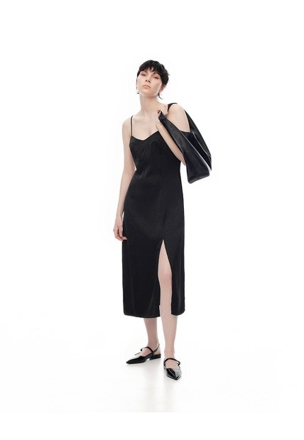 Vestido Midi Satinado Negro Mujer Negro