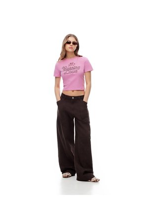 Camiseta Crop Slim Algodón Rosa Estampada Mujer Rosa