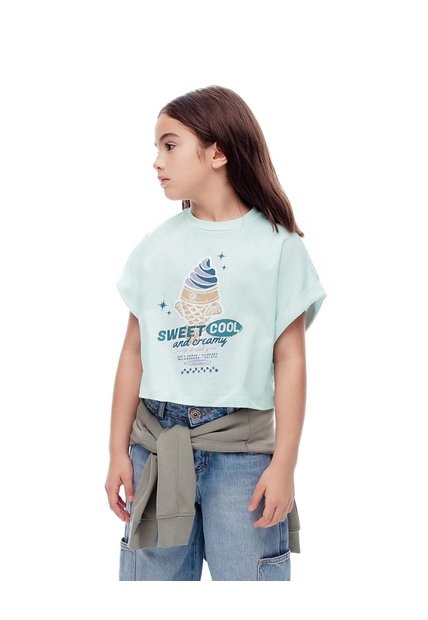 Camiseta Regular Algodón Verde Estampada Niña Rosa