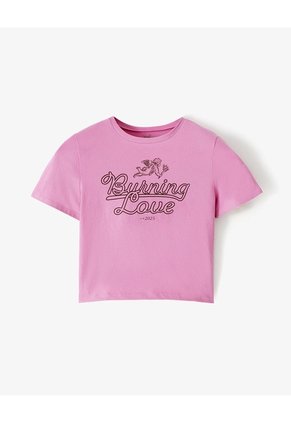 Camiseta Crop Slim Algodón Rosa Estampada Mujer Rosa