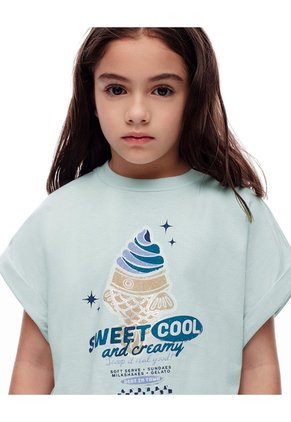 Camiseta Regular Algodón Verde Estampada Niña Rosa