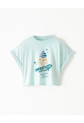 Camiseta Regular Algodón Verde Estampada Niña Rosa