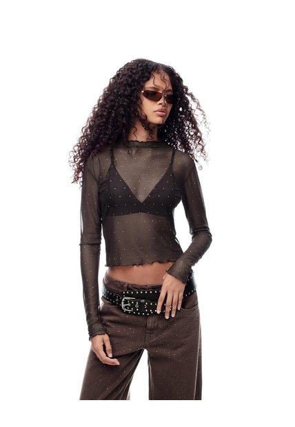 Camibuzo Slim Tejido Tull Brillos Chocolate Mujer Chocolate