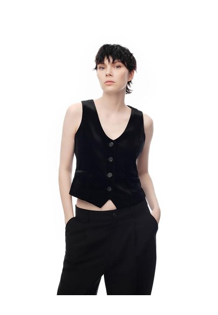 Chaleco Tipo Sastre Regular Terciopelo Negro Mujer Negro