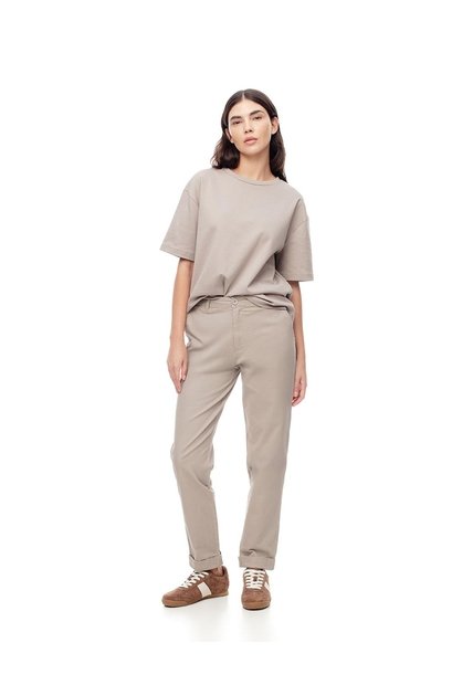 Pantalón Recto Tiro Medio Algodón Taupe Mujer Marron Claro
