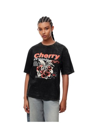 Camiseta Regular Algodón Negra Estampada Mujer Negro