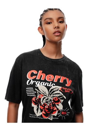 Camiseta Regular Algodón Negra Estampada Mujer Negro