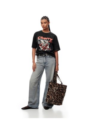 Camiseta Regular Algodón Negra Estampada Mujer Negro