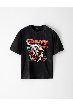 Camiseta Regular Algodón Negra Estampada Mujer Negro