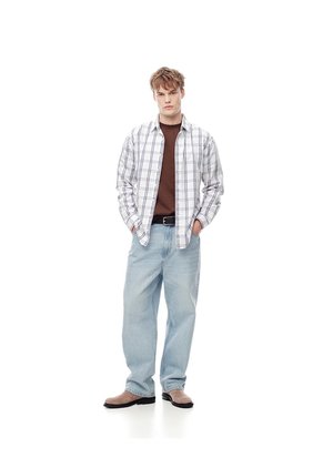 Camisa Manga Larga Regular Algodón Cuadros Hombre Blanco