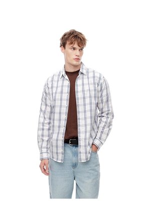 Camisa Manga Larga Regular Algodón Cuadros Hombre Blanco