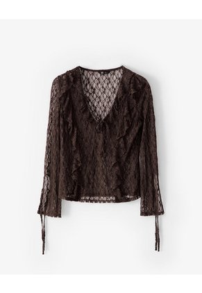 Blusa Manga Larga Regular Encaje Chocolate Mujer Chocolate
