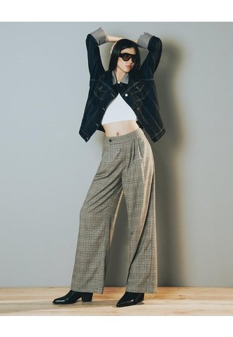 Pantalón Wide Leg Tiro Medio Café Cuadros Mujer Cafe Gef